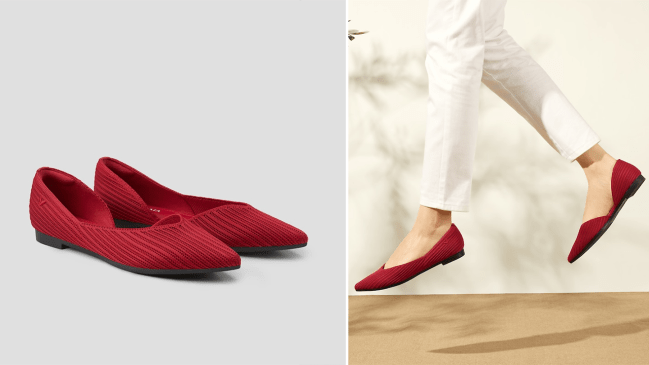 Left: a product shot of the Vivaia Melia Pointed-Toe D'Orsay Flats in red; Right: a model jumping in the air wearing the Vivaia Melia Pointed-Toe D'Orsay Flats in red.