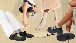 Left to Right: a model wearing Puma ballet flat sneakers in black; a model wearing Puma ballet flat sneakers in light pink; a model wearing Free People leather boxing boots in ivory; a model wearing Melissa platform Mary Janes in black.