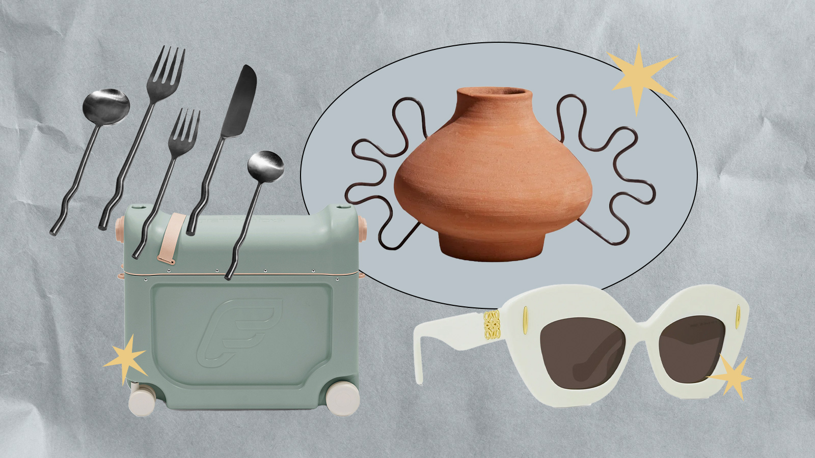Left to Right: Meso Goods silverware; a Stokke kids' rolling light green suitcase; a Meso Goods terracotta vessel; a pair of Loewe white, cat eye, oversized sunglasses.