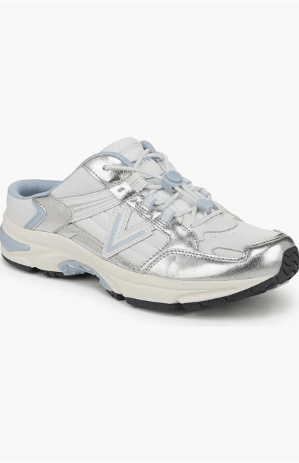 Vionic 23Walk Mule Sneaker in white, silver, and light blue colorway
