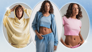 Three models wearig Elwood Clothing's Core Collection loungewear pieces in the three new colorways: Butter, Faded Blue, and Sun-Faded Pink.
