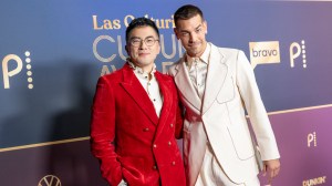 LOS ANGELES, CALIFORNIA - JULY 17: (L-R) Bowen Yang and Matt Rogers arrive at the Las Culturistas Culture Awards at The Orpheum Theatre on July 17, 2025 in Los Angeles, California.