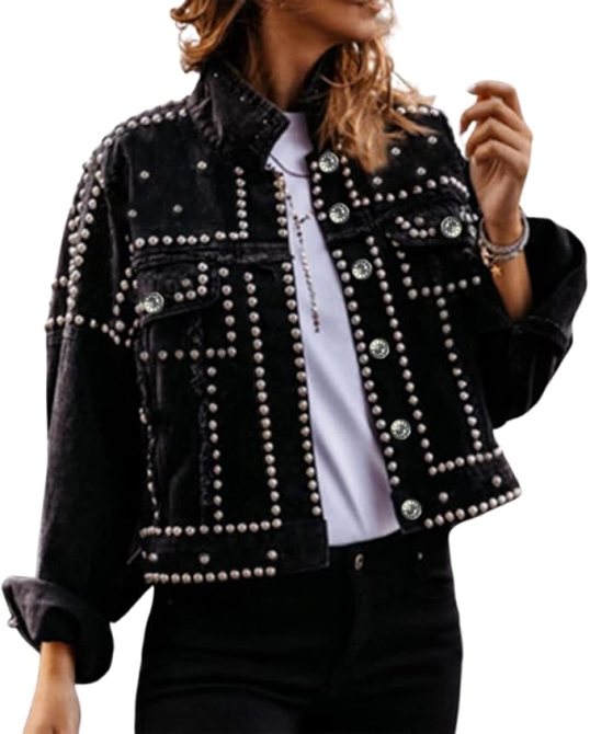 PUWEI Dressy Rivet Studded White Cropped Jean Jacket