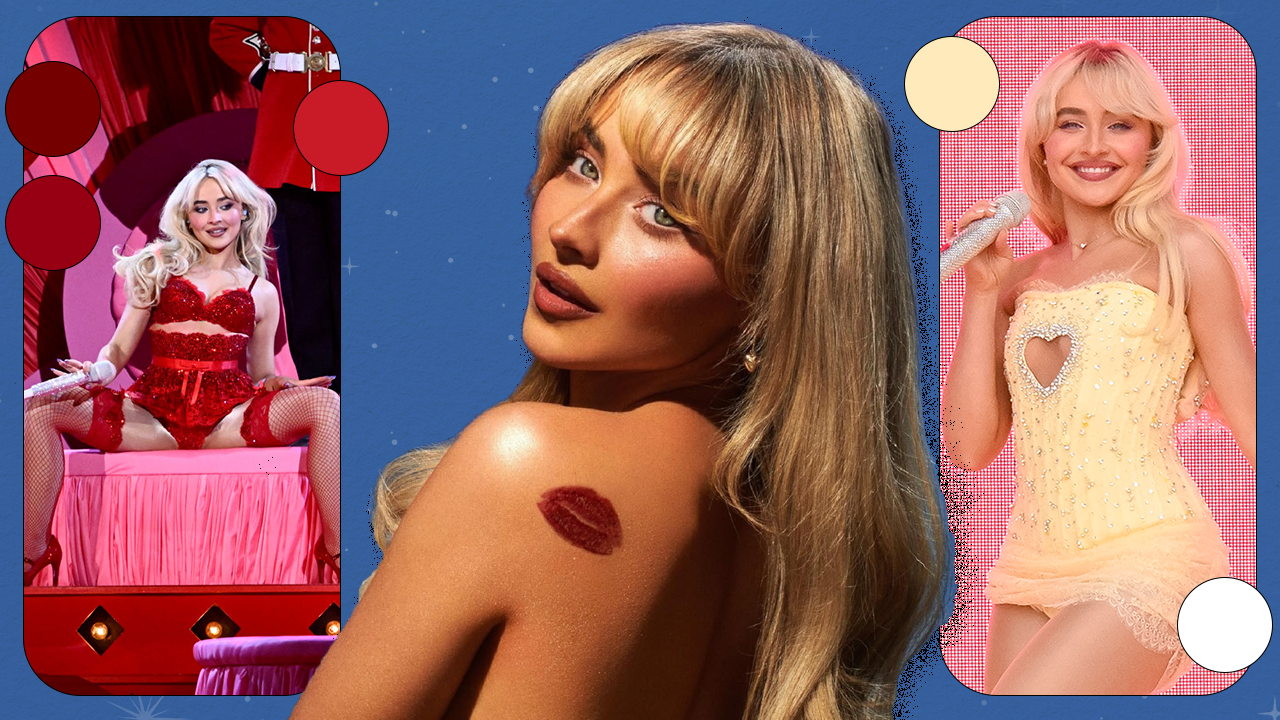 Two photos of Sabrina Carpenter performing on stage and one photo from Sabrina Carpenter's Short n' Sweet album cover