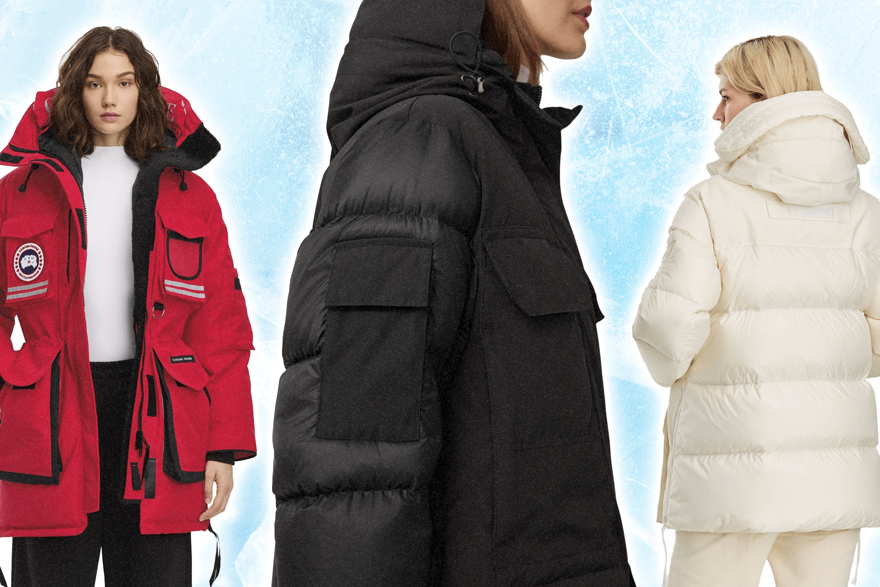 Three models wearing Canada Goose parks for extreme cold (in red, black, and white colorways).