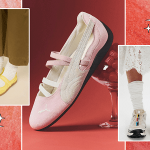 A coral-colored background with three photos. The center photo features a pair of pink Puma ballet sneakers, the left photo features a pair of yellow Charlotte Stone Mary Jane Sneakers, and the right photo features a pair of Salomon sneakers.