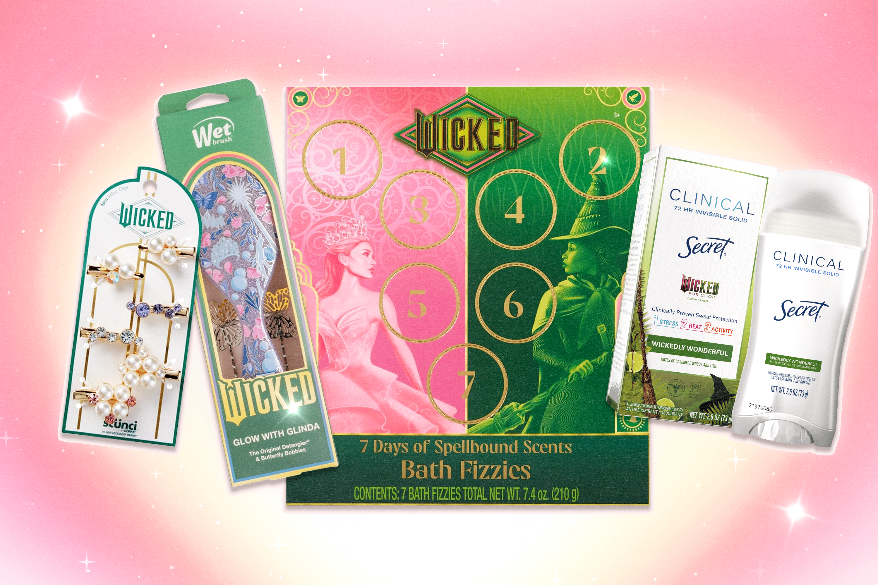 Left to Right: Wicked x scünci pearl clips, Wicked x Wet Brush Glinda hair brush, Wicked bath bomb advent calendar, Wicked x Secret deodorant stick