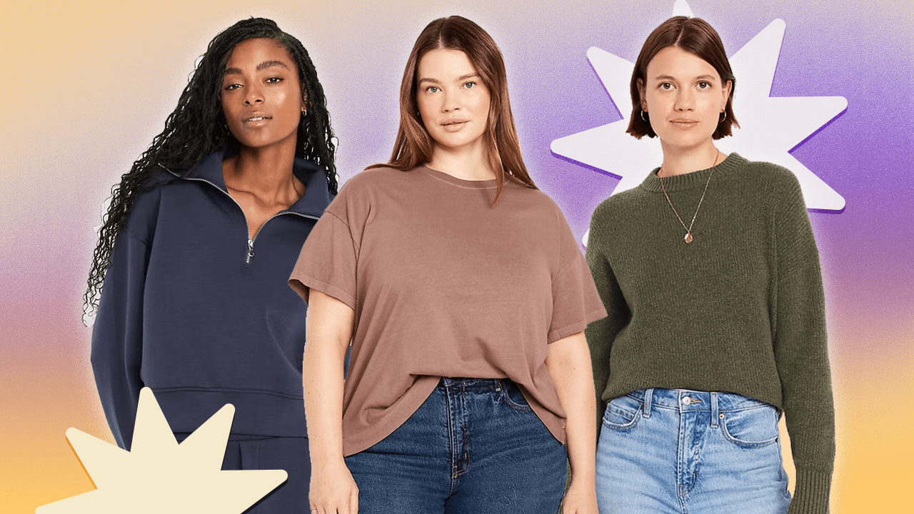 Three models wearing Old Navy sweatshirts, T-shirts, and sweaters