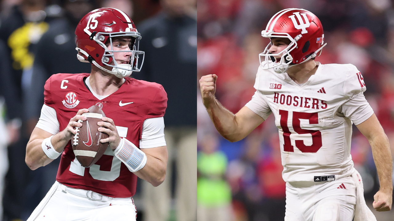 Ty Simpson #15 of the Alabama Crimson Tide, Fernando Mendoza #15 of the Indiana Hoosiers