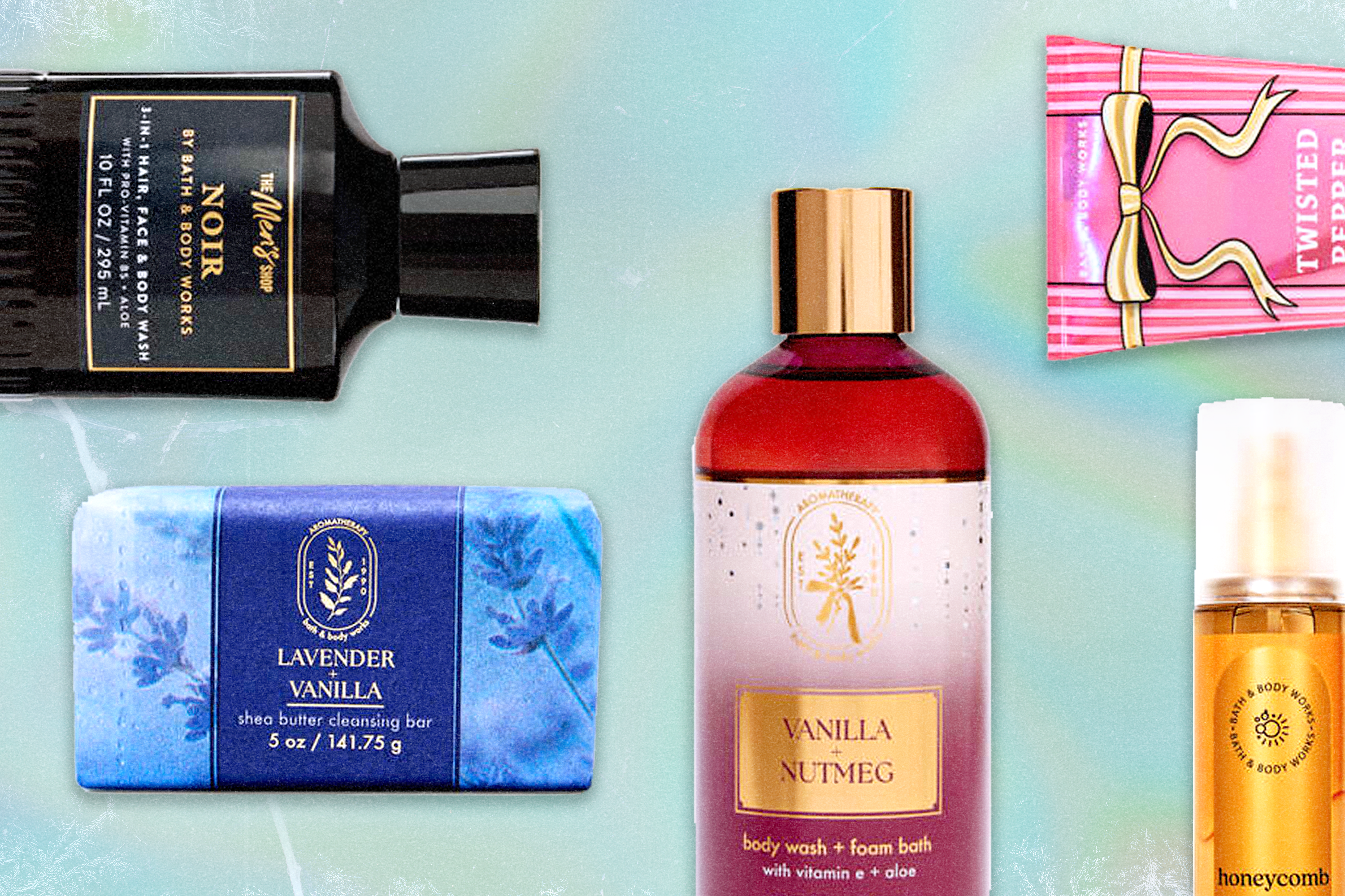 Five Bath & Body Works products (body wash, cleansing bar, perfume mist, body wash, and body cream)