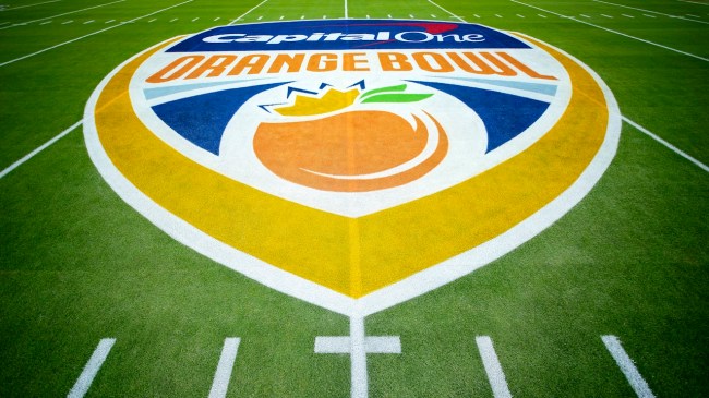 A detailed view of the game logo on the field prior to the Capital One Orange Bowl between the Notre Dame Fighting Irish and the Penn State Nittany Lions at Hard Rock Stadium on January 09, 2025 in Miami Gardens, Florida. 