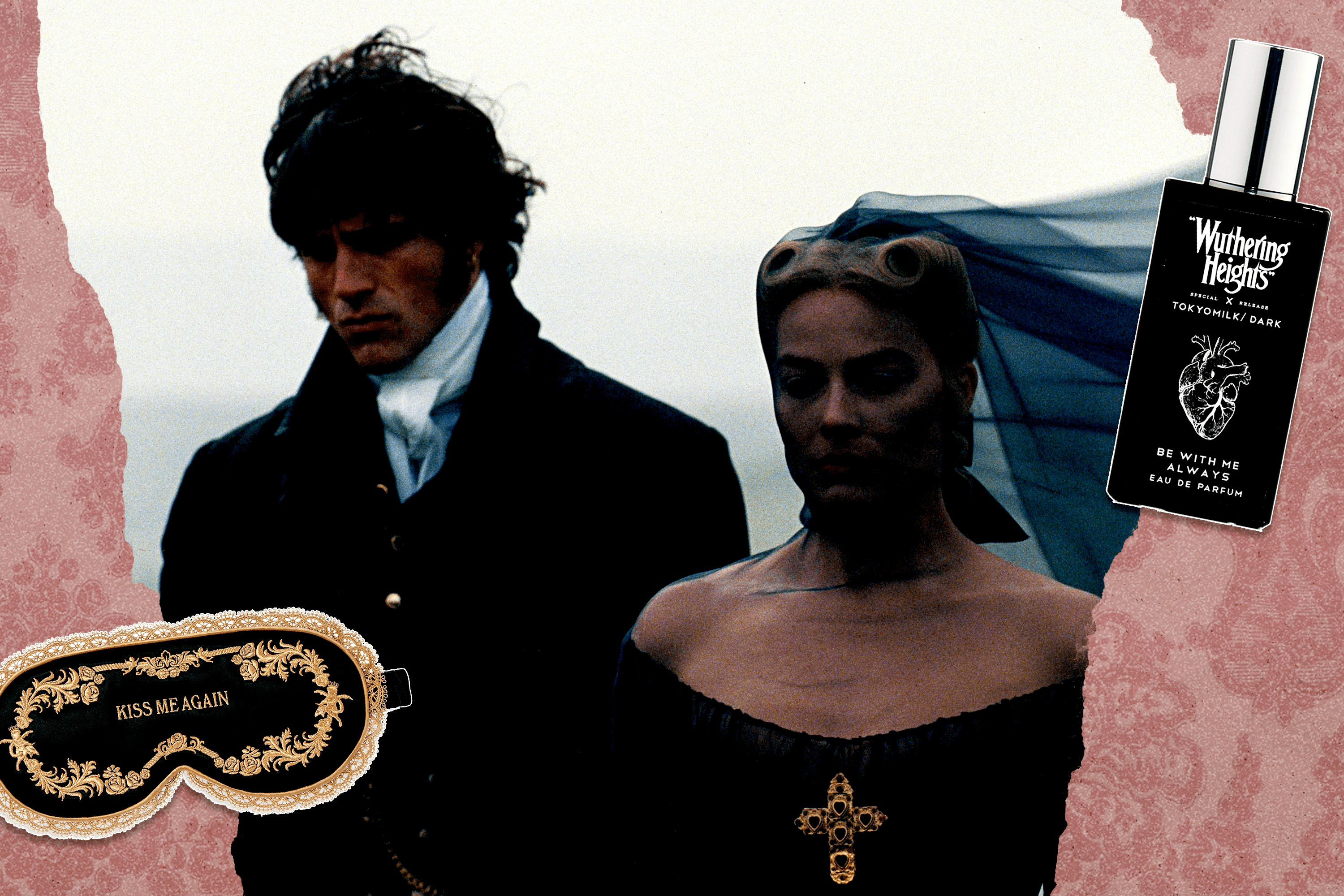 A still of Jacob Elordi and Margot Robbie acting in the Wuthering Heights film (2026), with a Slip x Wuthering Heights black and gold "Kiss Me Again" silk sleeping mask and a TokyoMilk x Wuthering Heights black and white perfume bottle on top