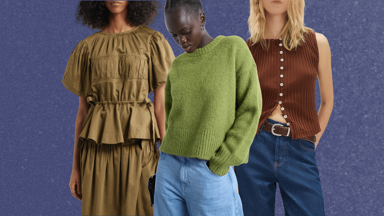 From left to right: A woman in a light brown puff sleeve blouse and matching skirt, a woman in a green sweater with blue jeans, a woman in a brown sweater vest and dark denim jeans.