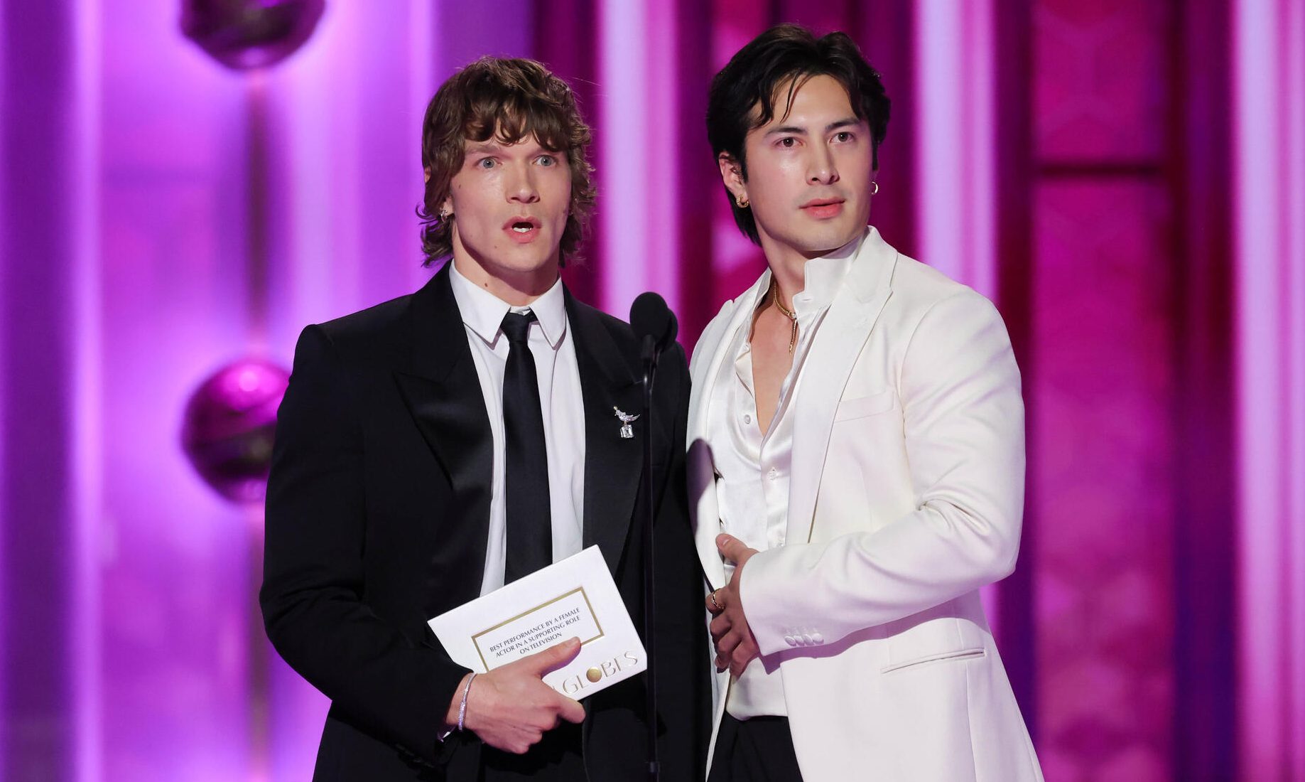 Connor Storrie, Hudson Williams at the 83rd Annual Golden Globes held at The Beverly Hilton on January 11, 2026 in Beverly Hills, California.