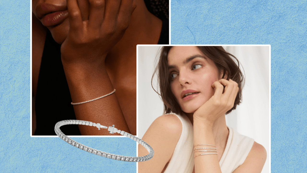 Two photos of women wearing diamond tennis bracelets, looking to the left on a blue background.