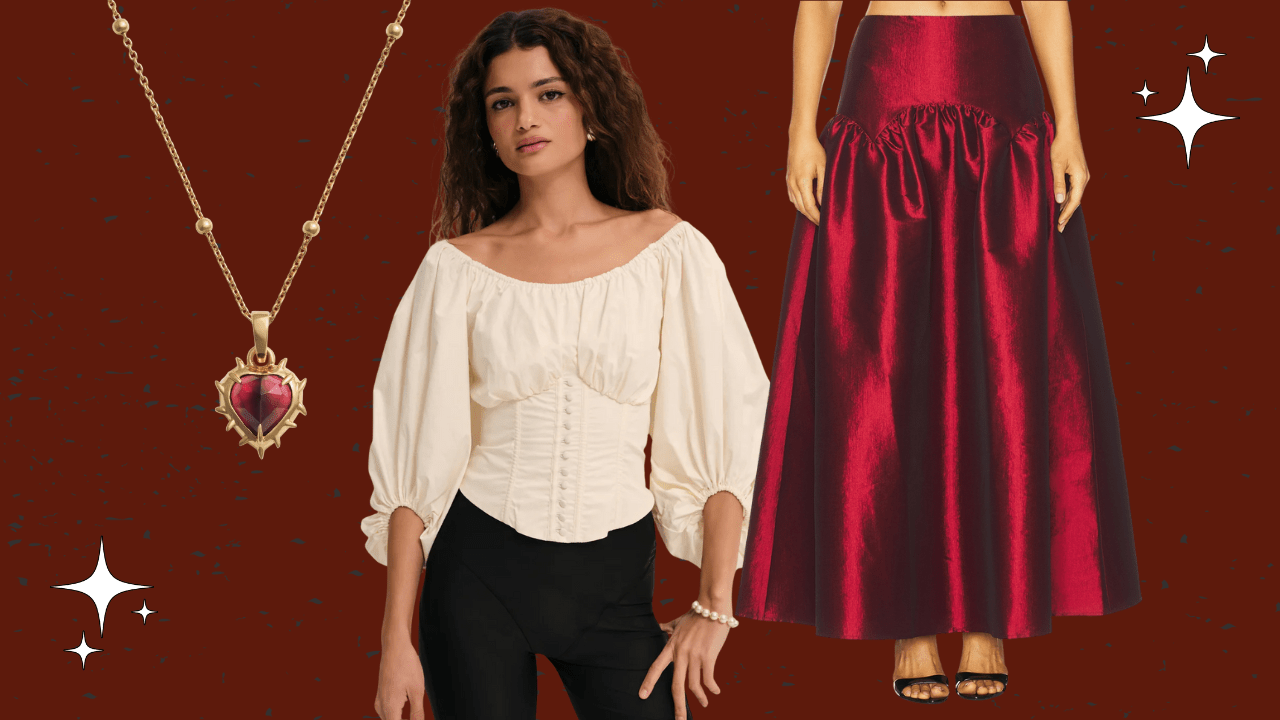 A red and gold heart necklace, a woman in a white blouse, a red maxi skirt