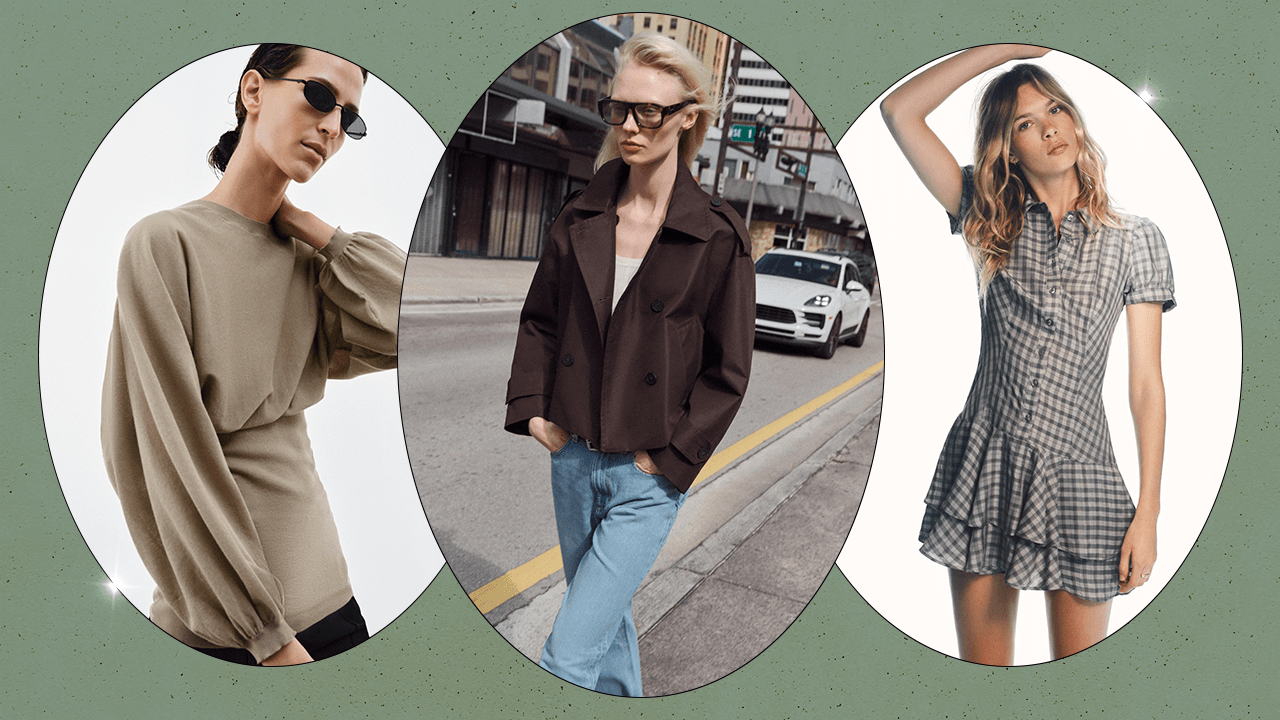 Left to Right: a Zara model wearing a beige/pink balloon sleeve top; a Zara model wearing a dark brown short trench coat with blue jeans; a Zara model wearing a gray plaid short dress with ruffles.