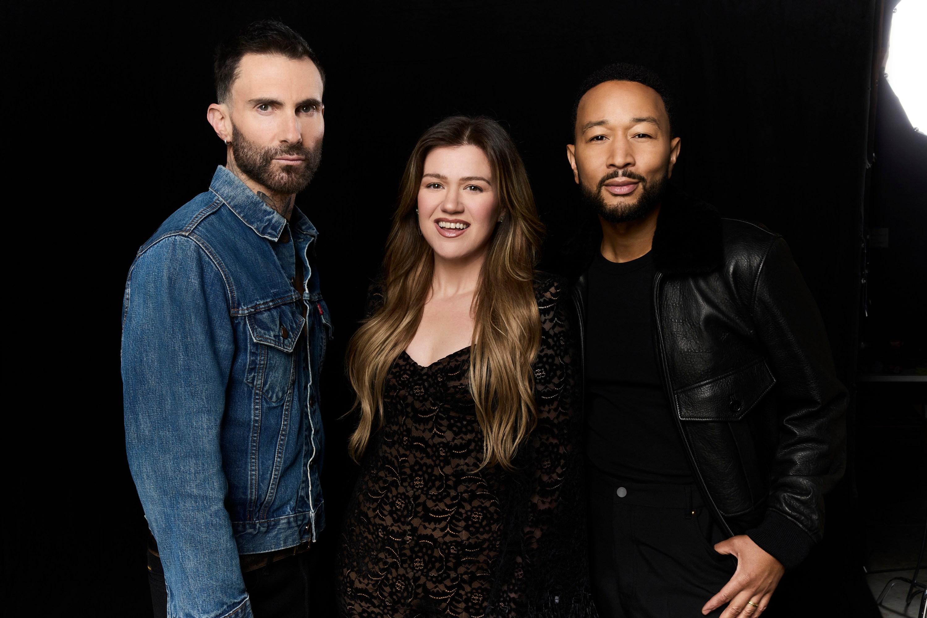 THE VOICE -- Season: 29 -- Pictured: (l-r) Adam Levine, Kelly Clarkson, John Legend