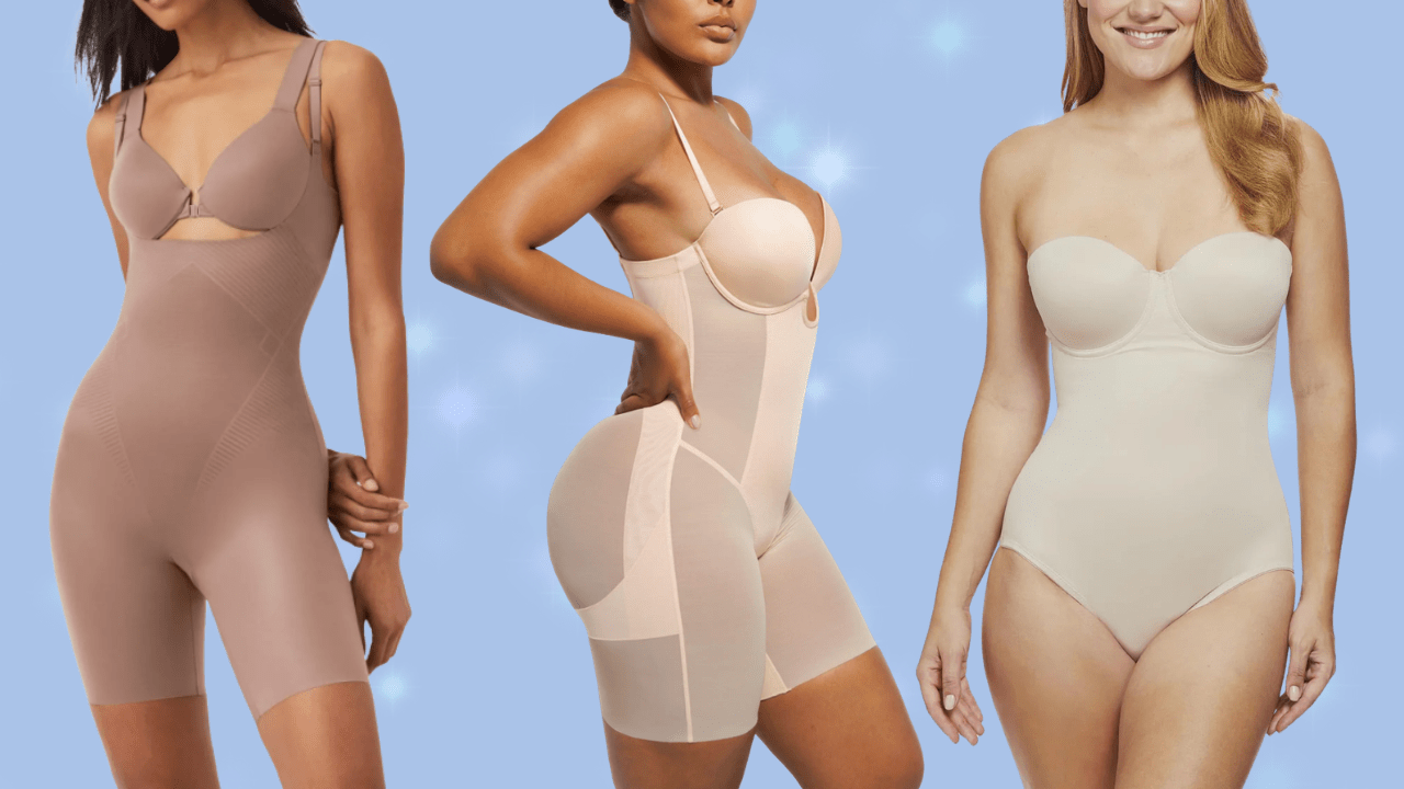 A blue background with three women wearing shapwear.