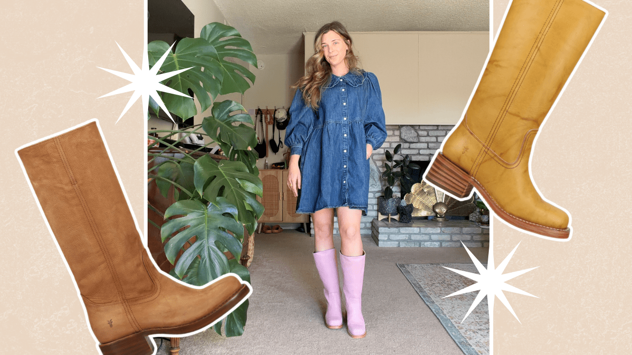 A collage of a woman in a blue denim dress wearing the pink Frye Campus boots, with two pairs of Frye Boots in brown and banana yellow layered over.