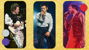 Three images of Harry Styles performing on stage at the 2026 BRIT Awards and his two previous tours
