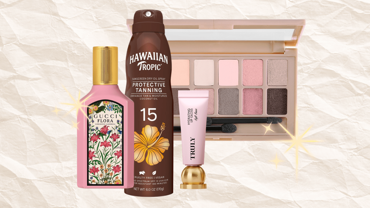 White background with a pink Gucci perfume bottle, brown Hawaiian Tropic tanning spray, Maybelline eyeshadow palette, and Truly lip gloss