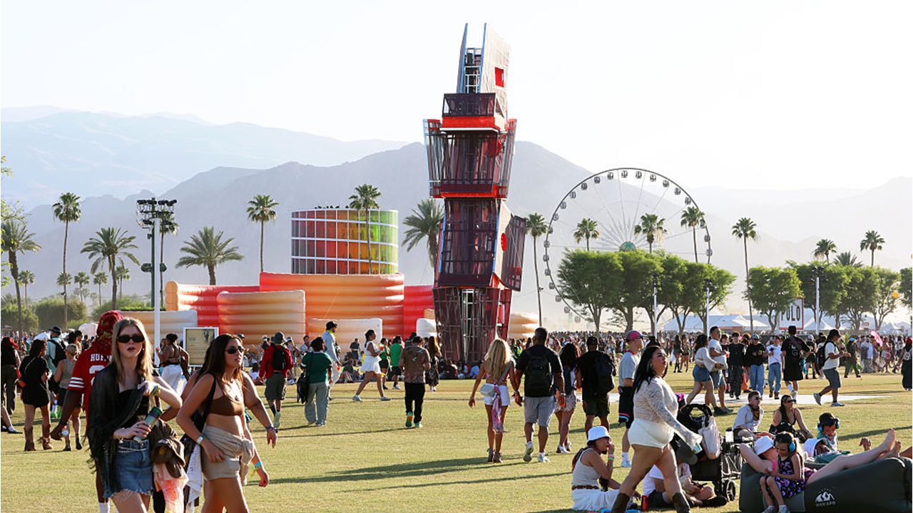 INDIO, CALIFORNIA - APRIL 19: (FOR EDITORIAL USE ONLY) (NOT TO BE LICENSED FOR ANY STANDALONE OR SPECIAL INTEREST BOOK PUBLISHING USE CONCERNING THE COACHELLA MUSIC FESTIVAL AND/OR STAGECOACH MUSIC FESTIVAL) An aerial view of the 2026 Coachella Valley Music and Arts Festival at Empire Polo Club on April 19, 2026 in Indio, California. (Photo by Kevin Mazur/Getty Images for Coachella)