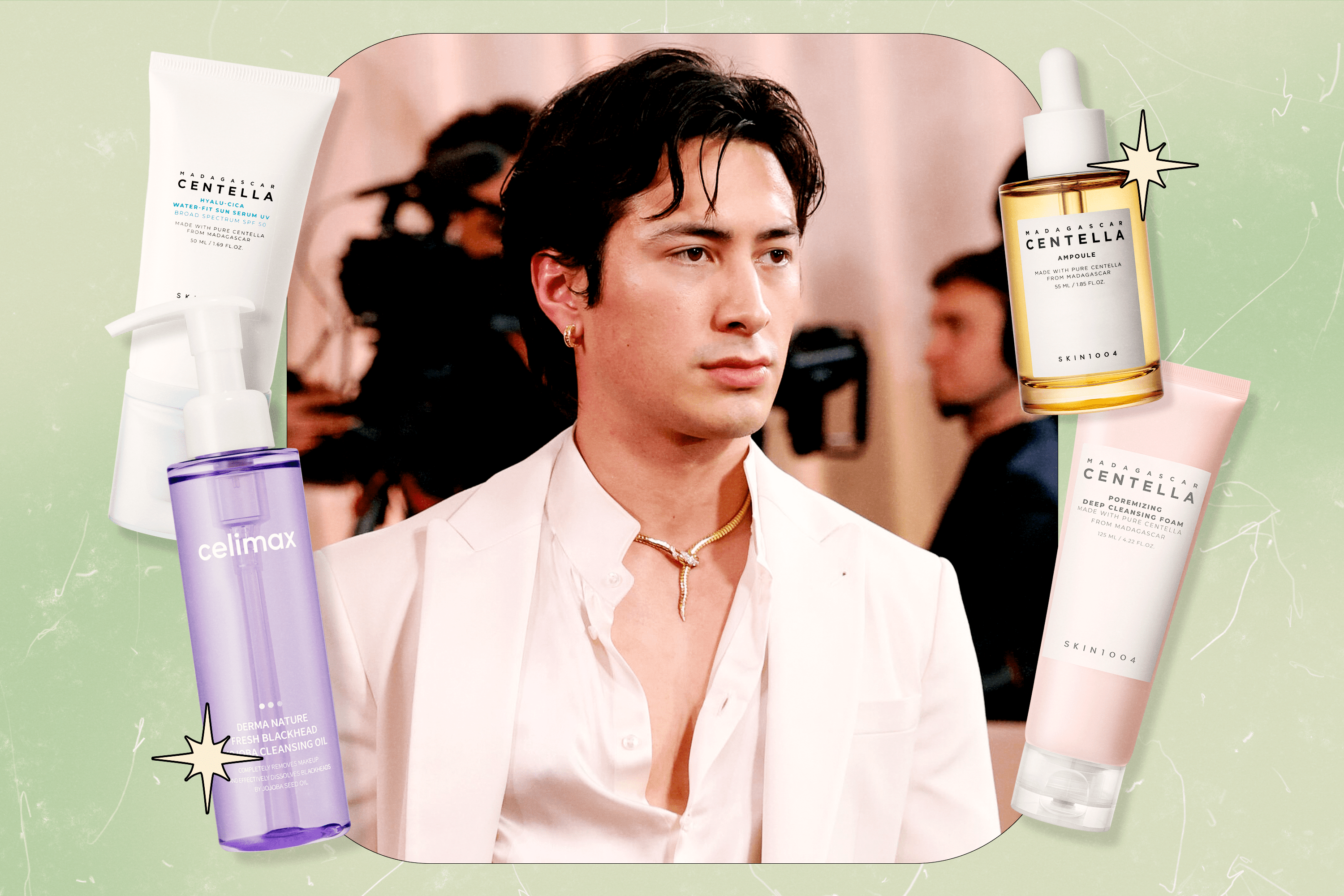 A collage featuring a photo of Hudson Williams from the 2026 Golden Globes red carpet, surrounded by four K-beauty skincare products he has used.